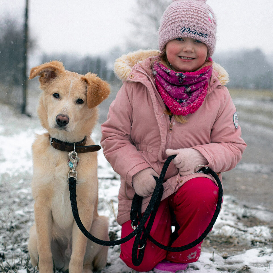 Ein Mädchen geht im Schnee mit dem Hund